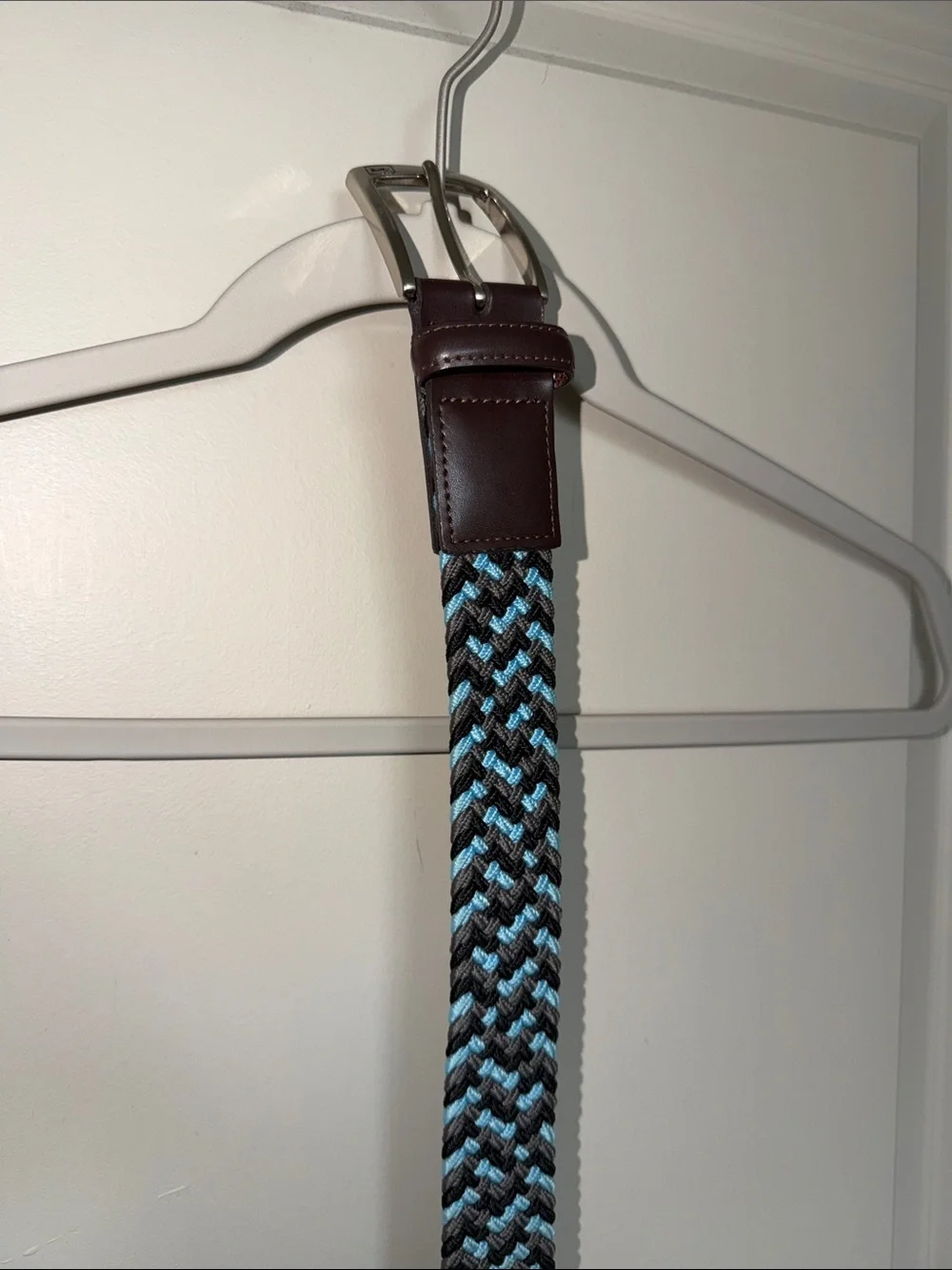 Men's Braided Elastic Belt with Brown Leather Trim - Blue/Black
